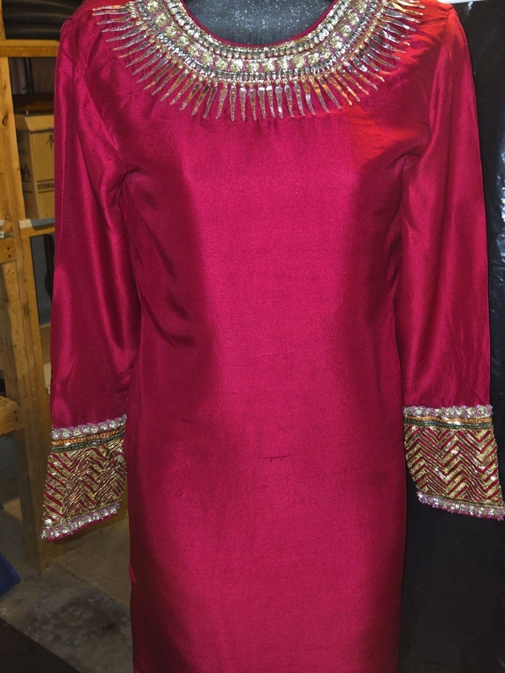 Designer Embellished Magenta Long Sleeve Dress with Decorative Neckline